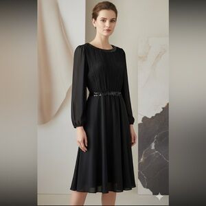 Vintage Sally Lou Black Pleated Dress Long Sleeve Size 10 Sequined Waist Retro